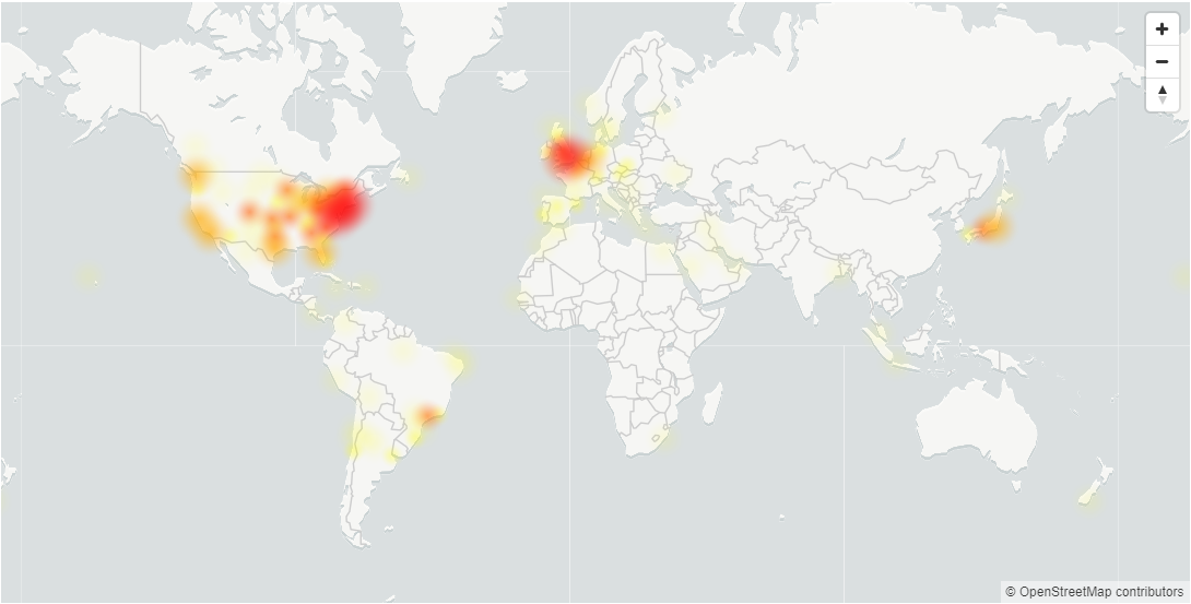 Mapa com os focos de inatividade reportados por usuários – DownDetector